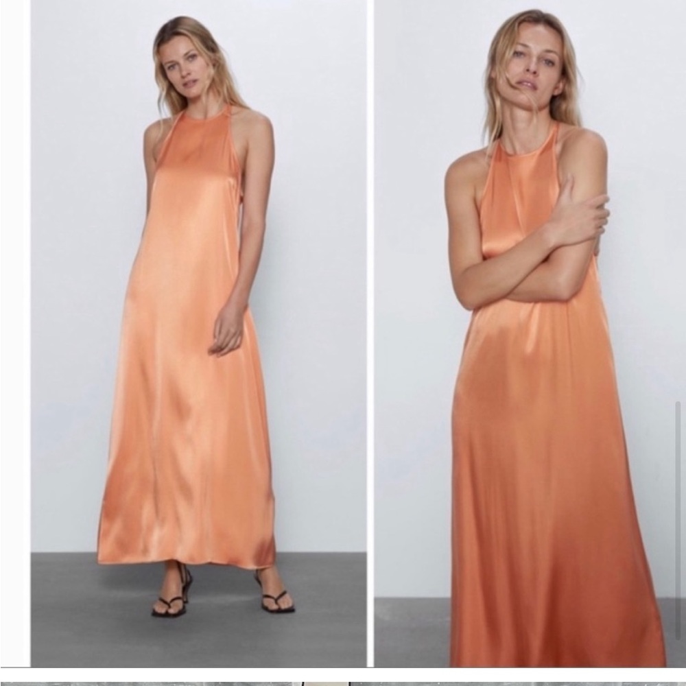 NEW with Tags Zara silk orange halter maxi dress